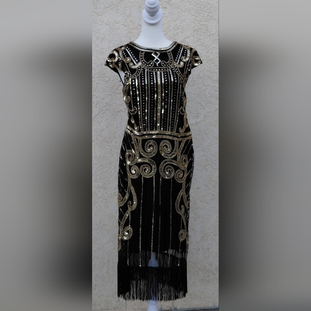 Vijiv 1920's Vintage Inspired Sequin Embellished Fringe Flapper Dress